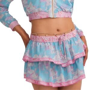 LOVESHACKFANCY HURLEY SWIM SKIRT S TIERED RUFFLE MINI PINK BLUE NAUTICAL CROCHET